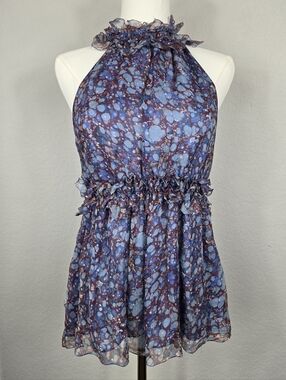Max Studio  Boho 100% Silk Chiffon Halter Top Ruffle Babydoll Flirty Soft Girl